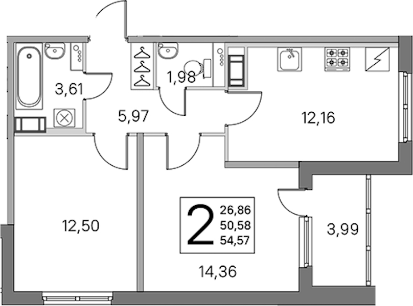 2-комнатная квартира 50.58 м², 5/5 эт., ЖК «ЮгТаун. Олимпийские кварталы»